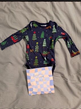 Little sleepies Christmas Holiday Tree Print Long Sleeve Onesie - Navy 3-6M